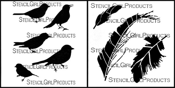 Tracie Lyn Huskamp’s 6-inch Song Birds stencil and Cecilia Swatton’s 6-inch Feathers stencil