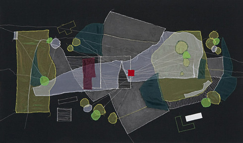 OSH, Brooklyn (Plot re-visualized), fabric, thread and paint on raw black canvas, 54 x 32 inches