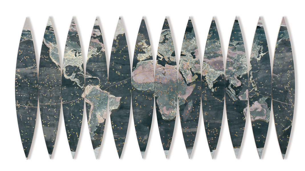 Dark and Light Continents, 2002, 12 panels: acrylic, collage/canvas, 96 x 192”