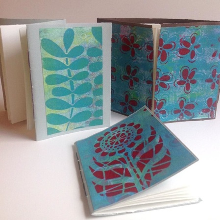 Dos-a-dos, pamphlet book, and French doors book with Gelli plate covers by Mary C. Nasser
