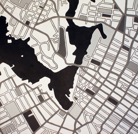 Abstract Street Map of Downtown Victoria, acrylic on canvas, 36 by 36 inches, by Julie Fukushima