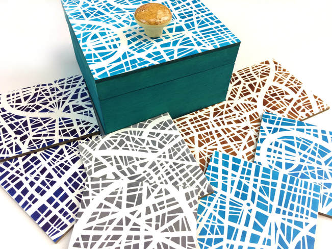 Mary C. Nasser, Ampersand Box and Coaster Set with StencilGirl Map Stencils