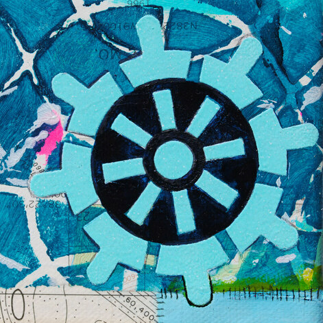 ©2019 Mary C. Nasser, Adventure Awaits (detail), mixed-media on stretched canvas, 5 x 5 inches